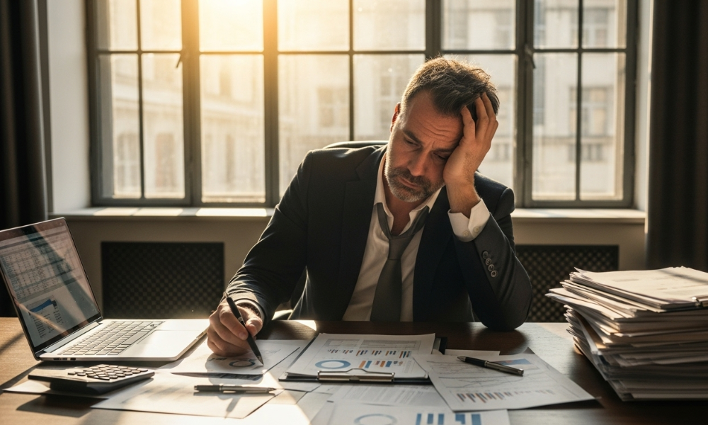 Businessman sitting at desk looking stressed with financial documents