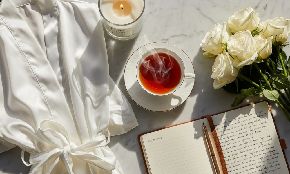 Cup of tea with roses, candle, robe, and journal on table