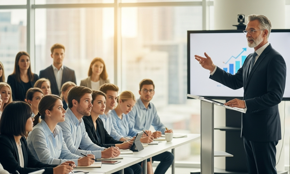 Elderly man in suit giving a presentation to an audience in a conference room