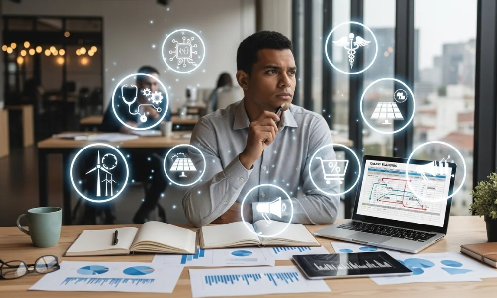 A man in an office surrounded by futuristic icons