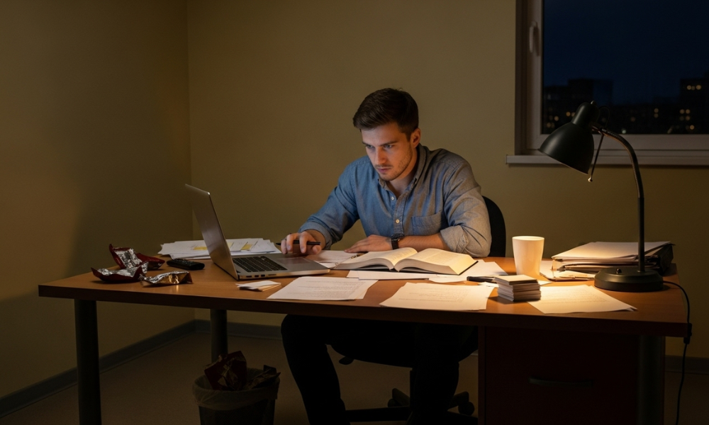 Mariano Iduba working late at a desk