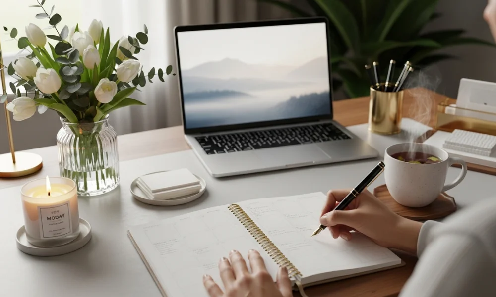 Person writing in planner at cozy desk with laptop