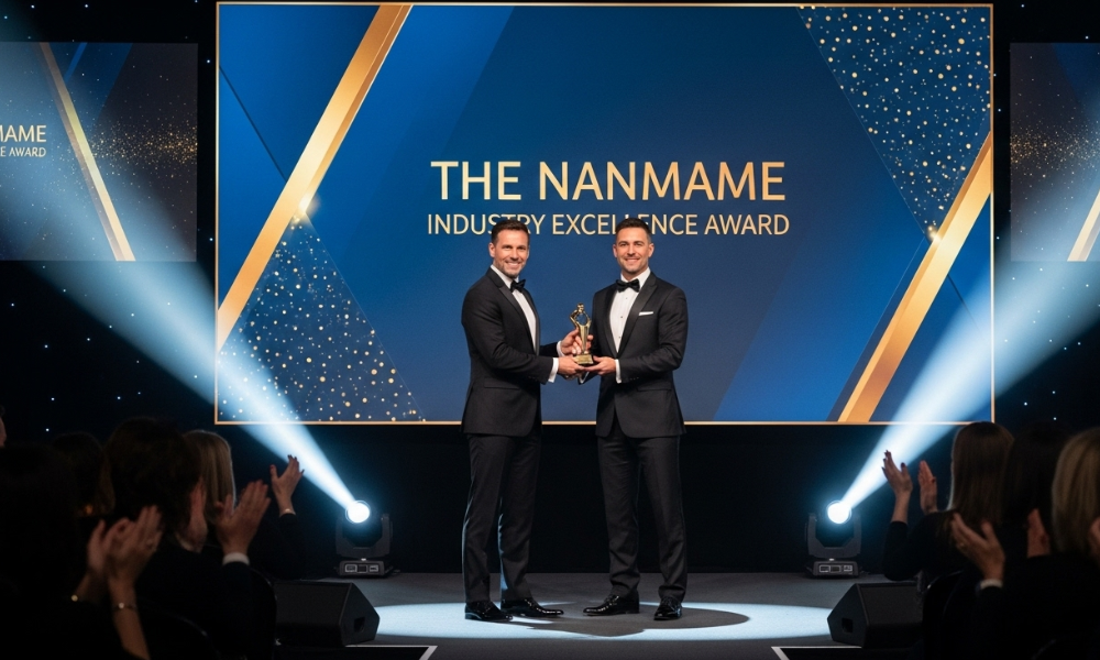 Two men in tuxedos on stage receiving an award at a ceremony