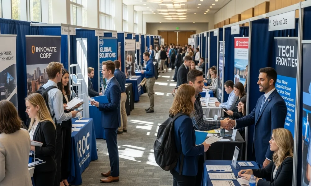 Busy career fair with students and recruiters