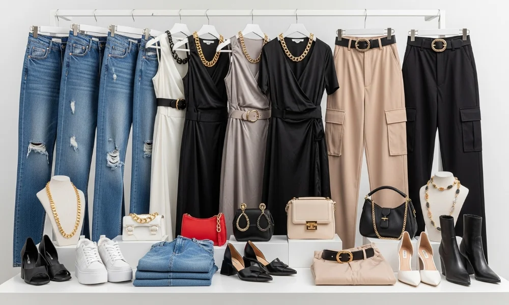 Fashion collection with jeans, dresses, pants, shoes, and accessories.
