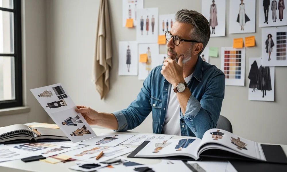 Fashion  Designer reviewing fashion sketches at desk.