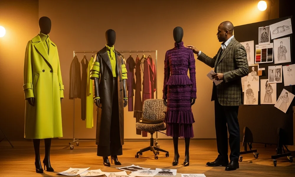 fashion designer with mannequins and sketches.webp