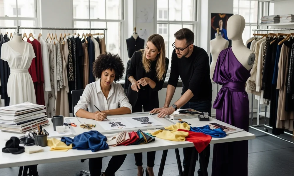 Fashion designers collaborating on sketches in a studio.