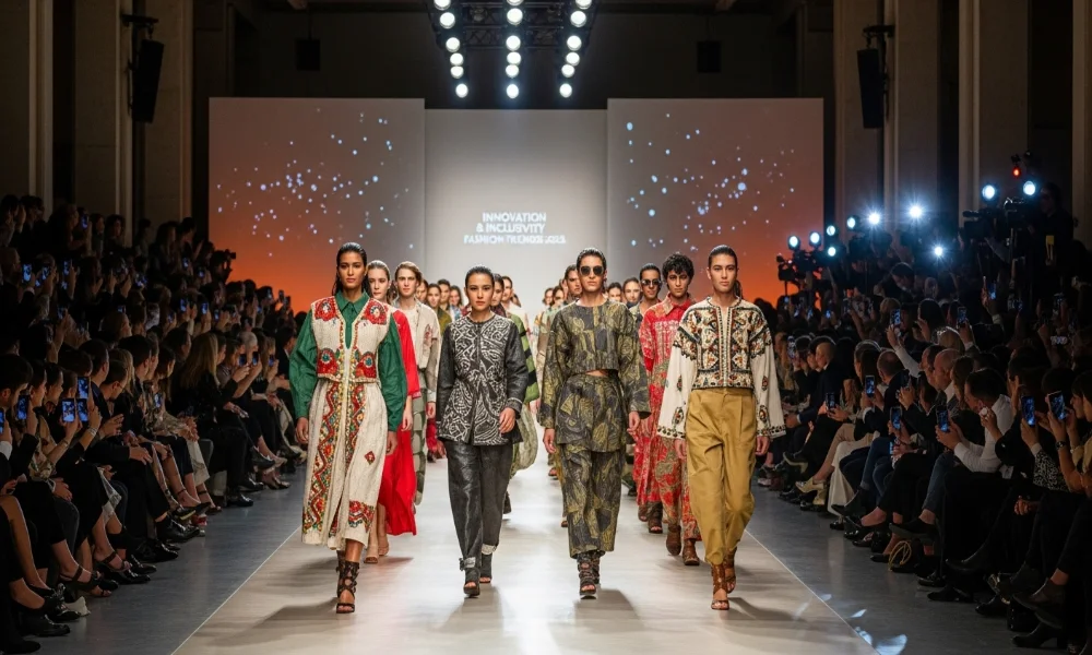 Fashion models walking down runway at event.