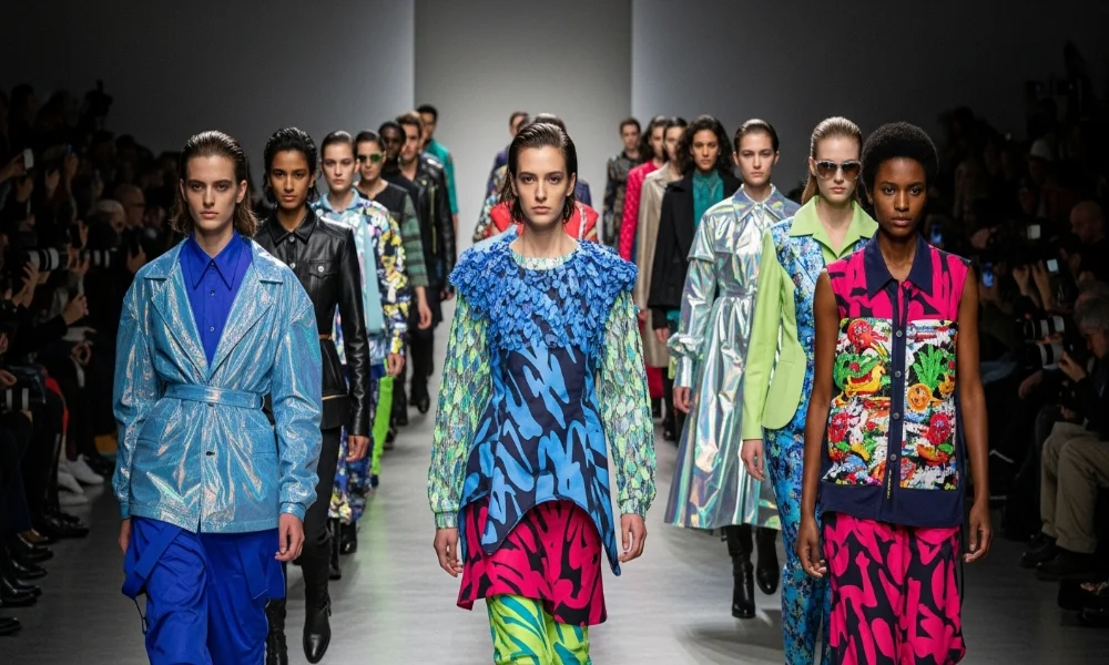 Fashion models walking down runway in colorful outfits.