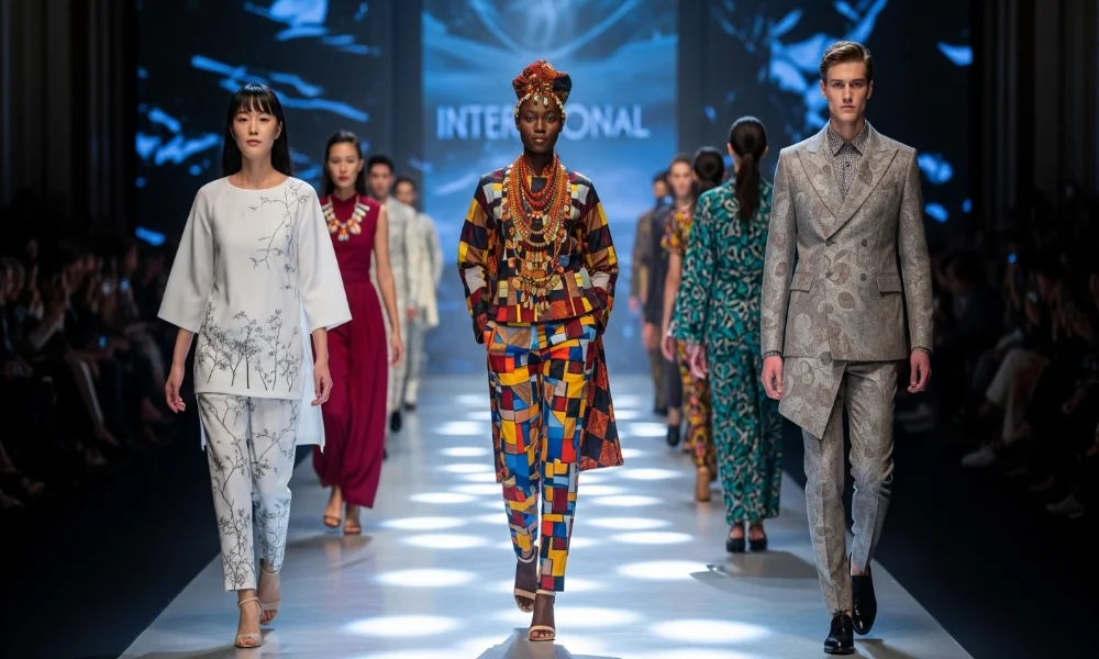 Fashion models walking down runway showcasing diverse designs.