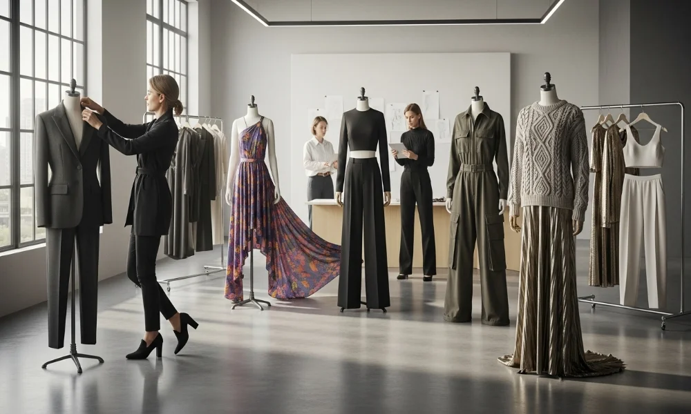 Fashion studio with mannequins and designers working on clothing designs.