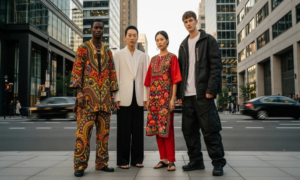 Four people standing in city street, diverse Fashion Trends