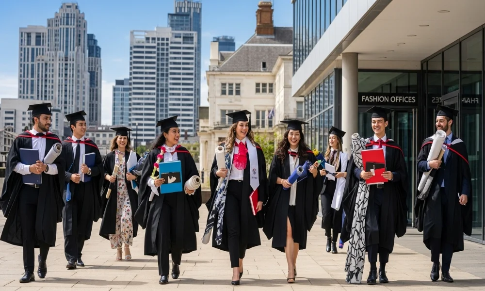 Group of graduates in caps and gowns walking outdoors.
