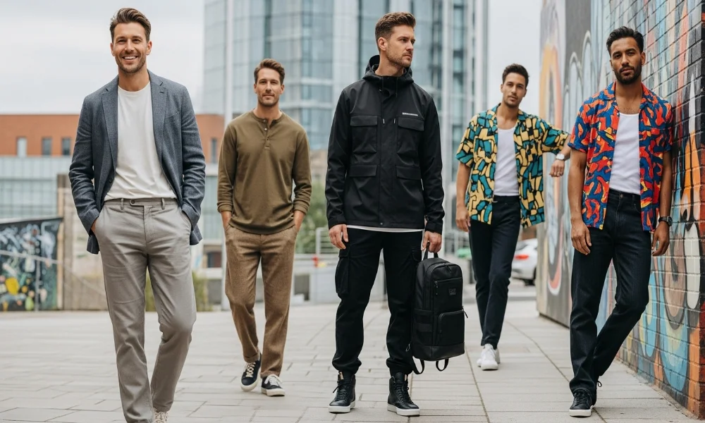 Group of men in stylish outfits walking outdoors.