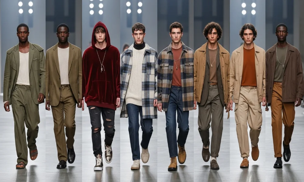 Group of men walking in diverse outfits on runway.