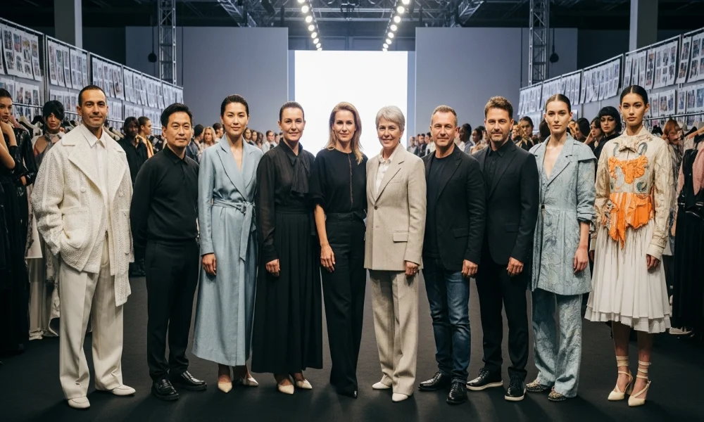 Group of people posing on fashion runway.