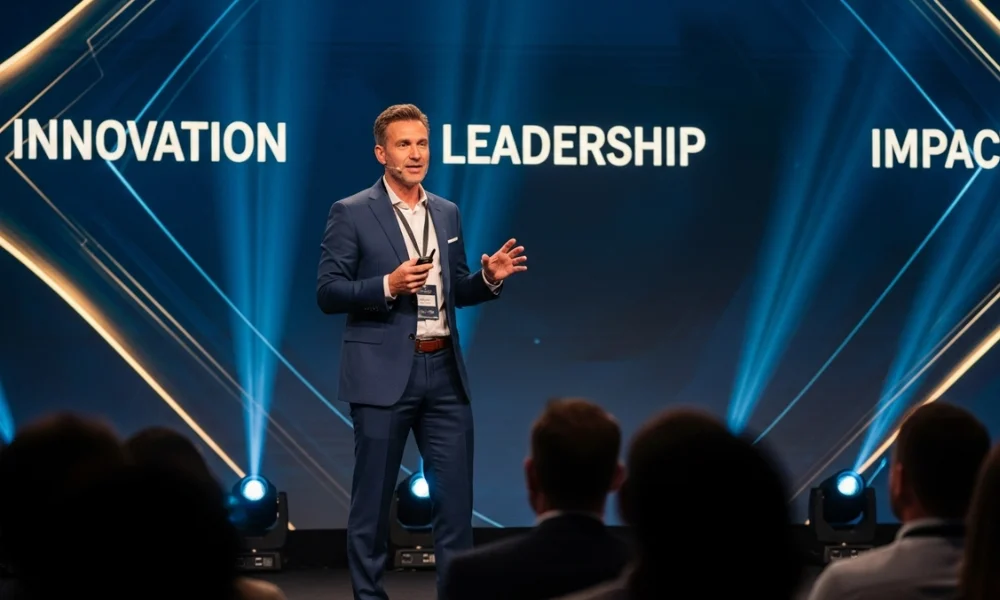 leadership presentation on stage with spotlight