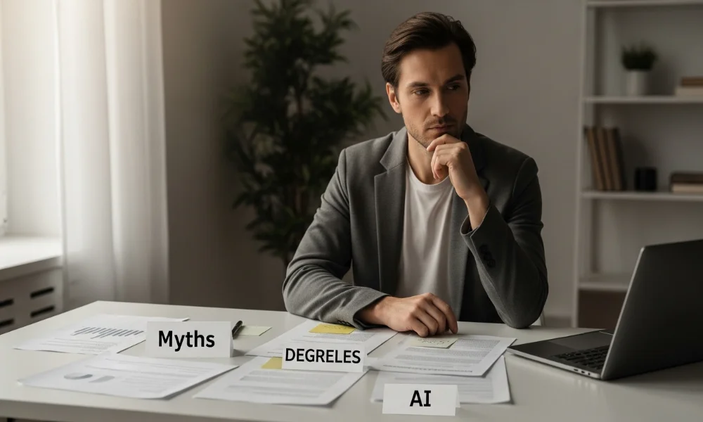 Man pondering Myths, Degrees, and AI at desk