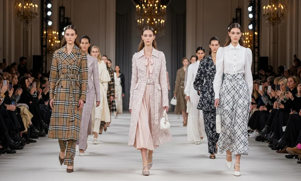 Models in plaid and patterned coats on runway
