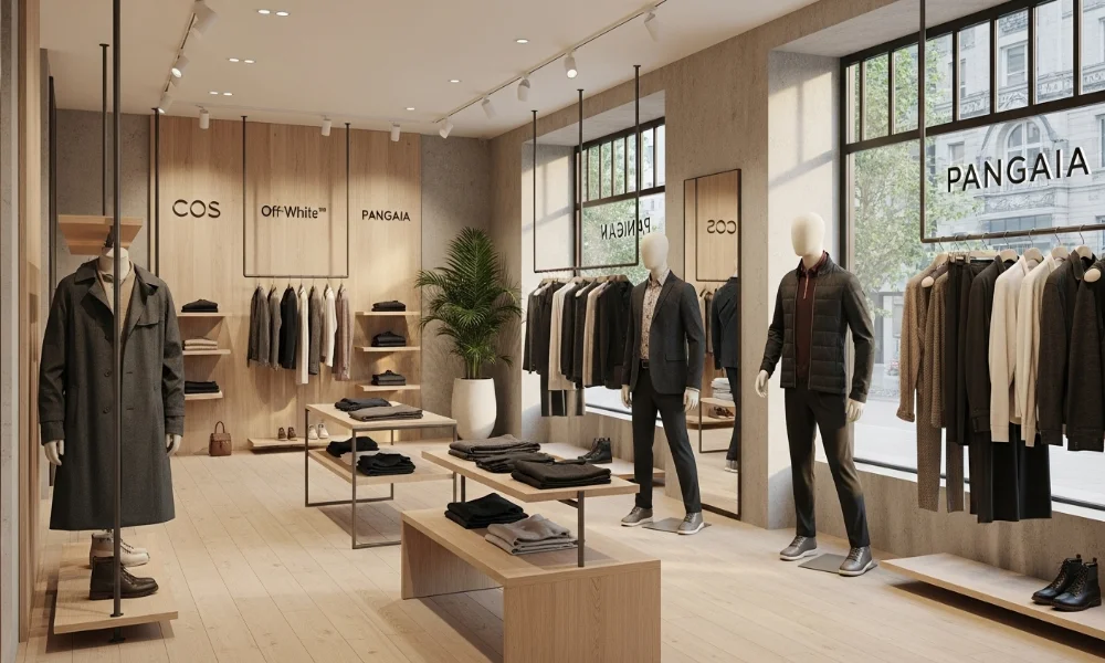 Modern clothing store interior with mannequins and racks.