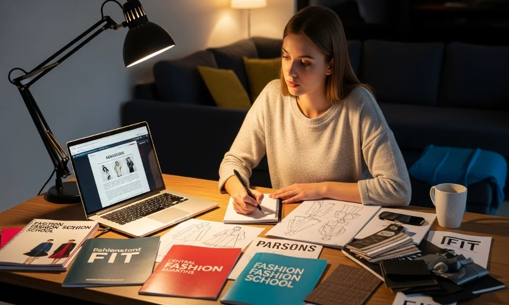 Person studying fashion design materials at desk.