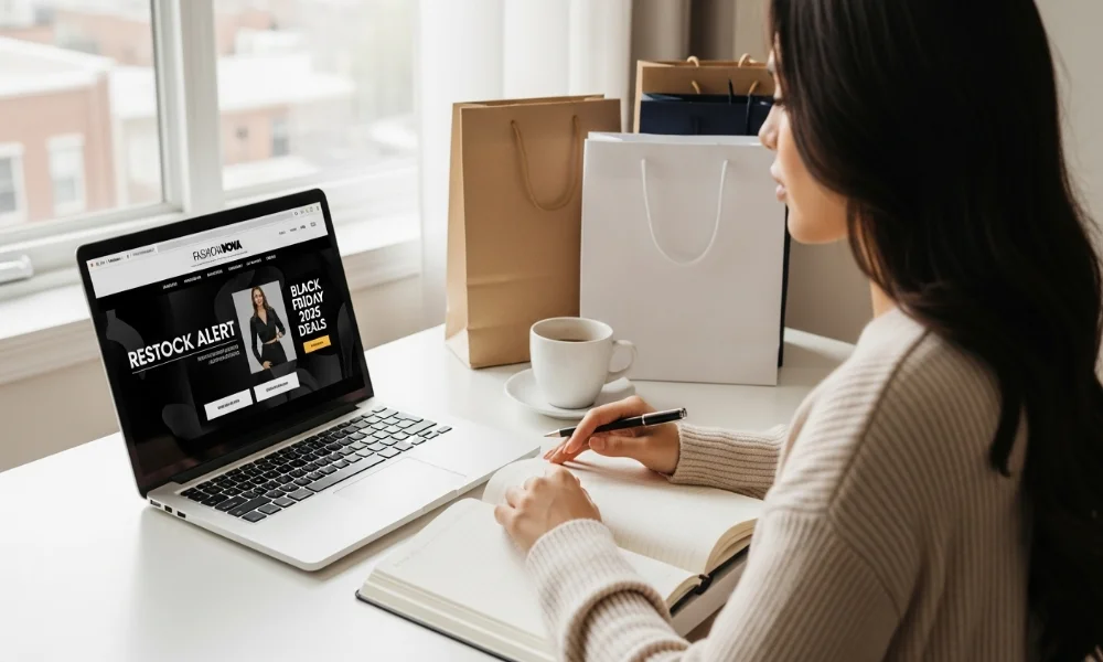 Person working at desk with laptop and shopping bags.