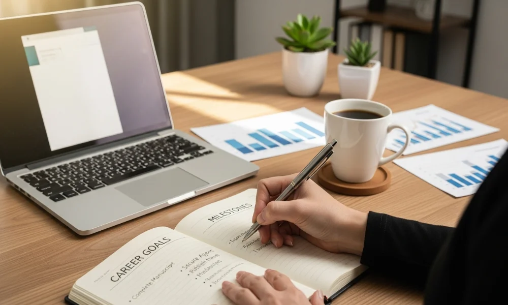 Person writing Meaning of Career in a notebook