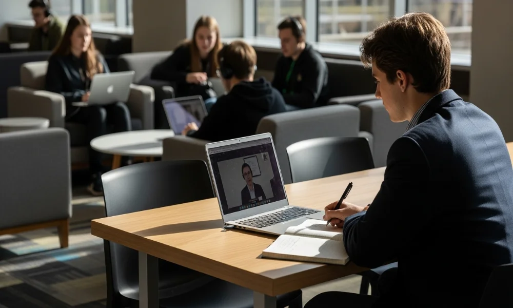 Student on video call, taking notes in a lounge