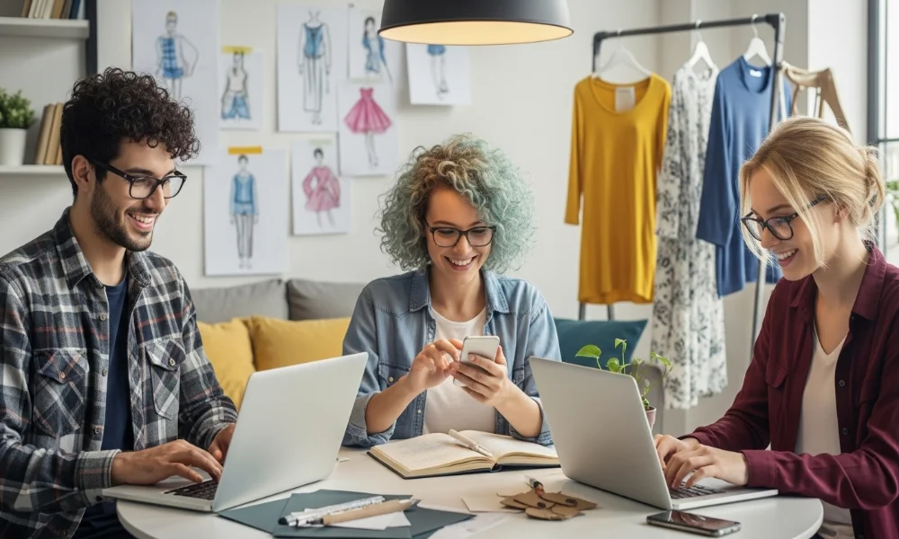 Three people collaborating in a creative workspace.