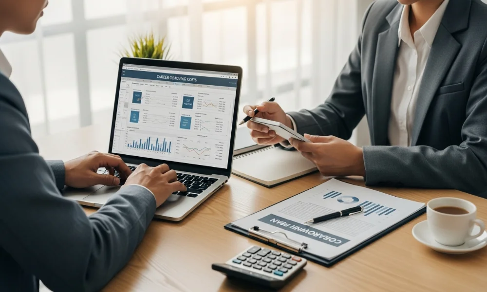 Two Career coach analyzing data on a laptop and paper.