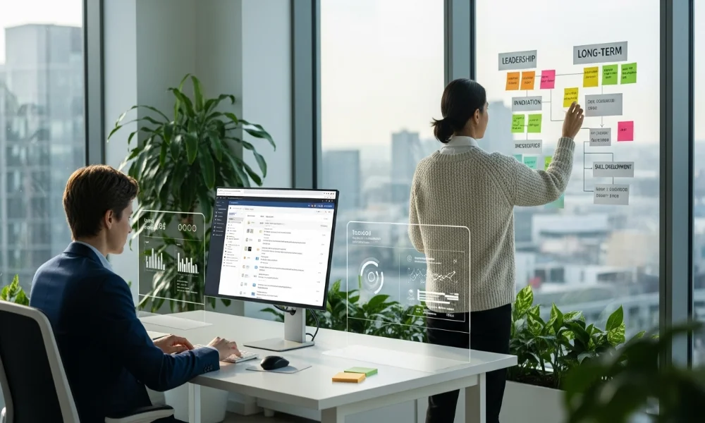 Two people working in a modern office.