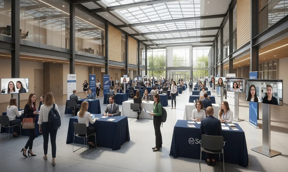 University career fair with many people at tables