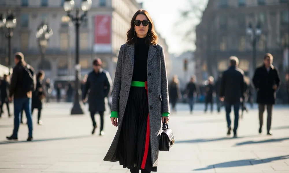 woman in gray coat black skirt green belt.webp