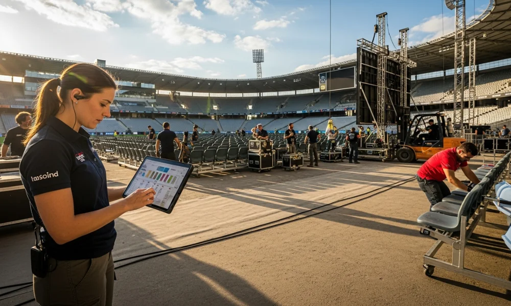Stadium setup scene with focused staff