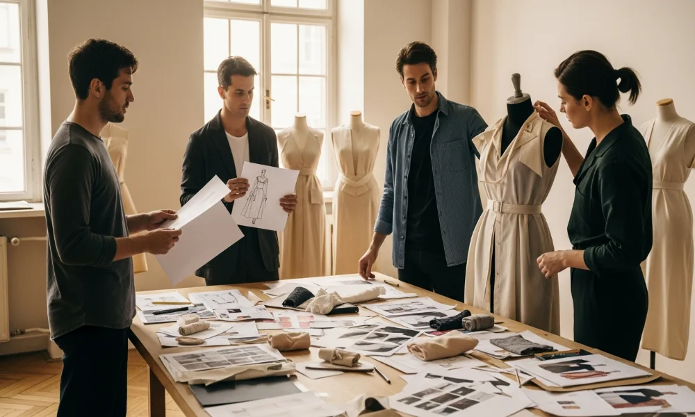 Four fashion designers working in a studio