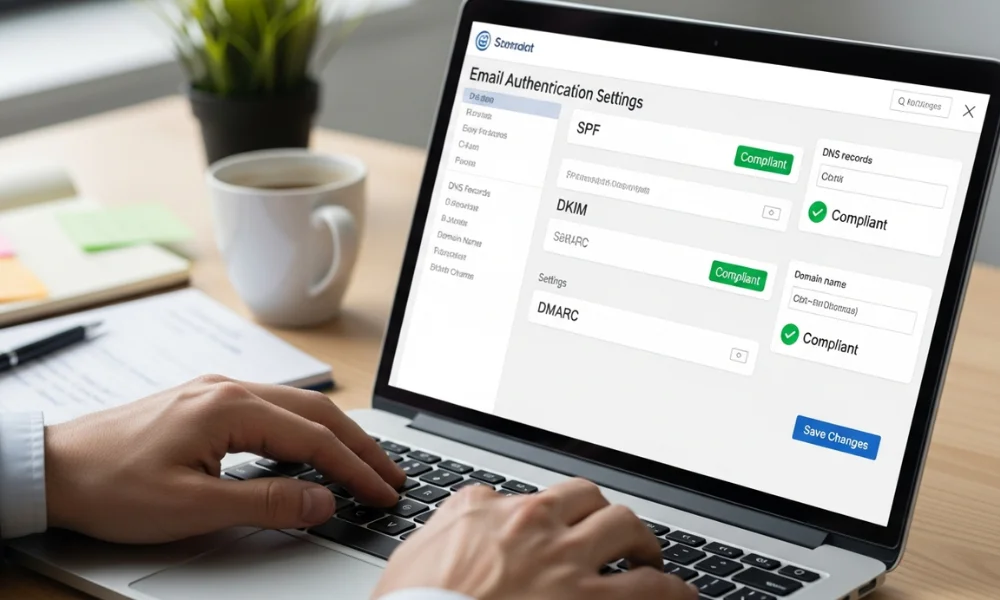 person using a laptop to edit email authentication