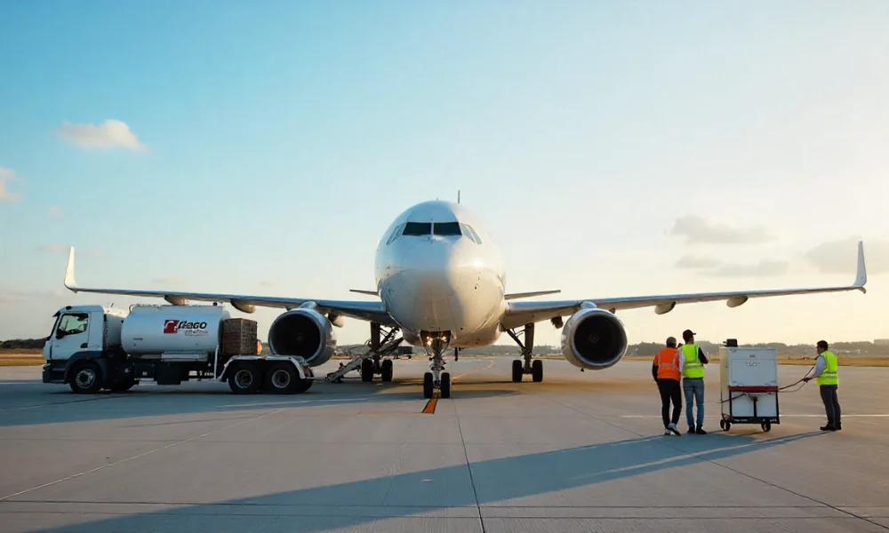 Airplane on runway with fueling truck-air cargo rates news