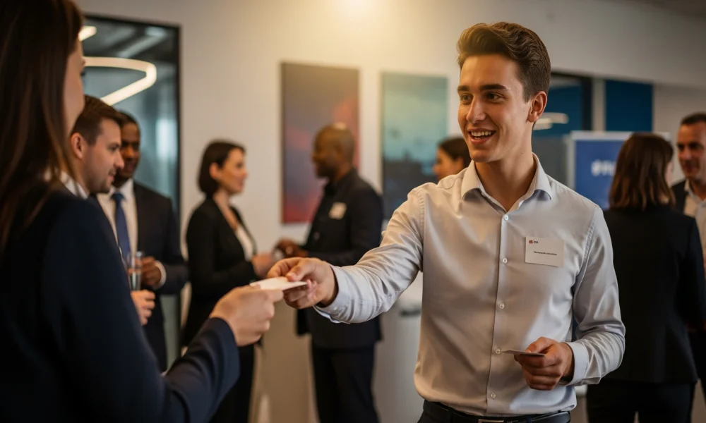 Man in light blue shirt exchanging business cards