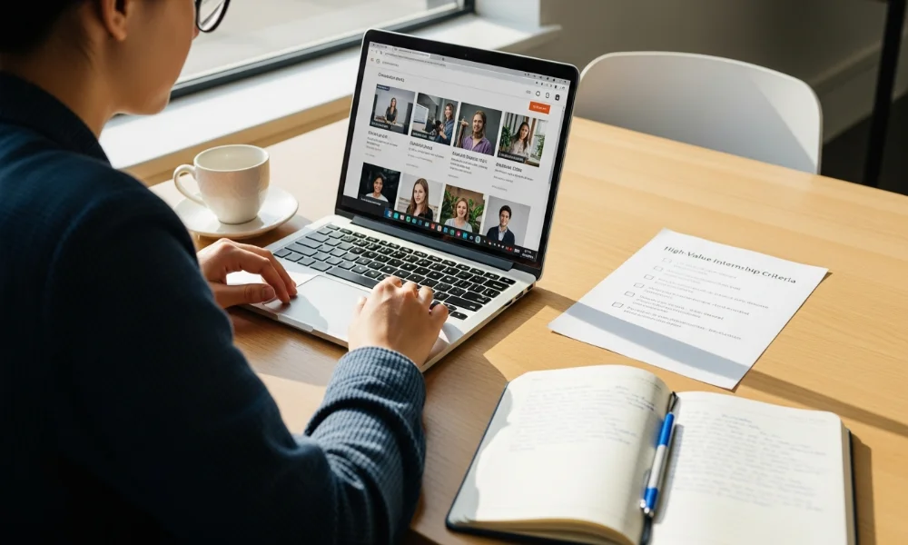 Person on laptop viewing intern profiles