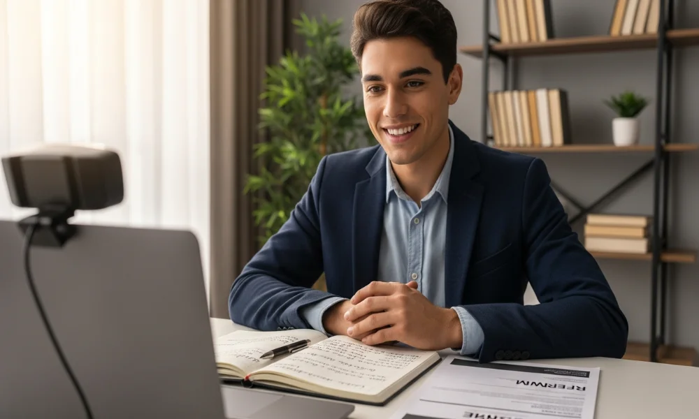 Smiling man in suit on video call at desk