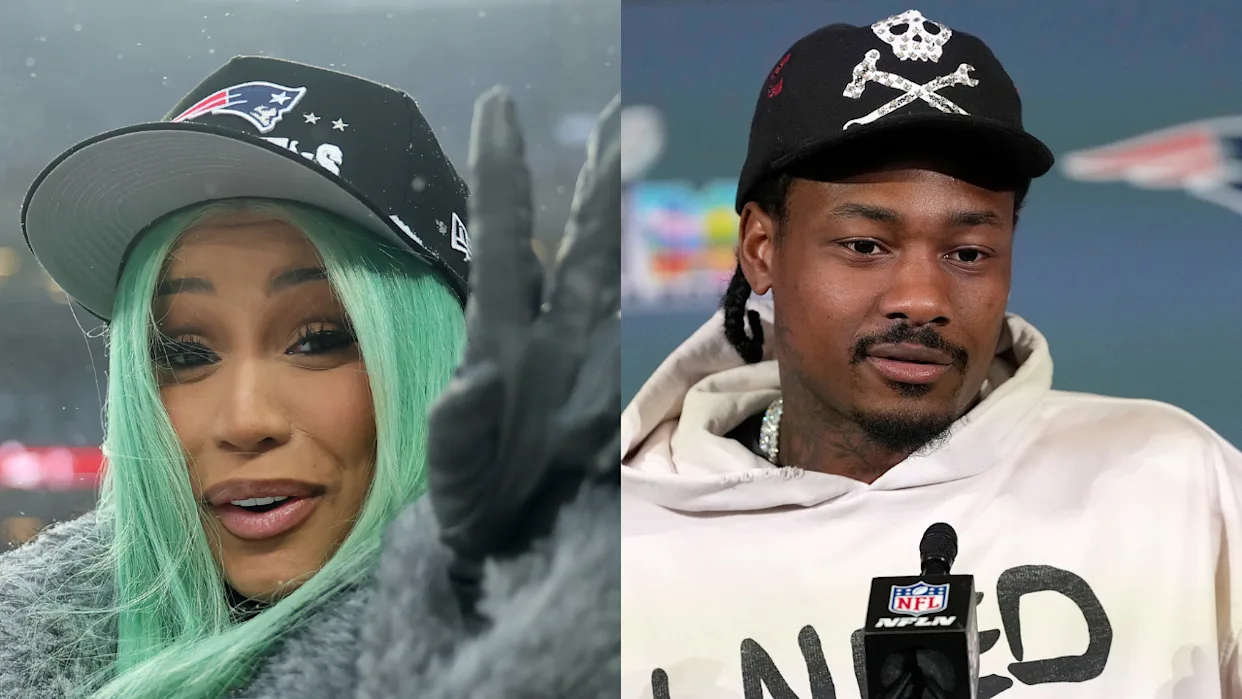 Cardi B wearing a Patriots hat and Stefon Diggs during a media interview, discussing their 2026 breakup rumors.