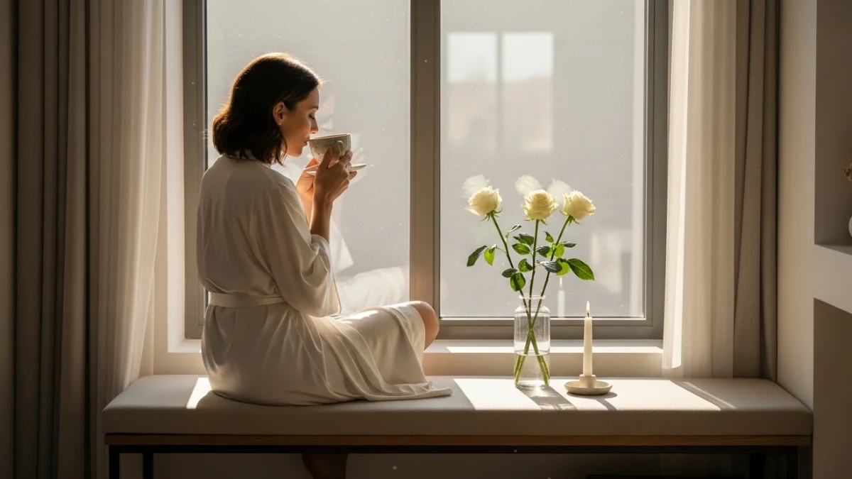 Luxurious lifestyle with woman enjoying tea by window