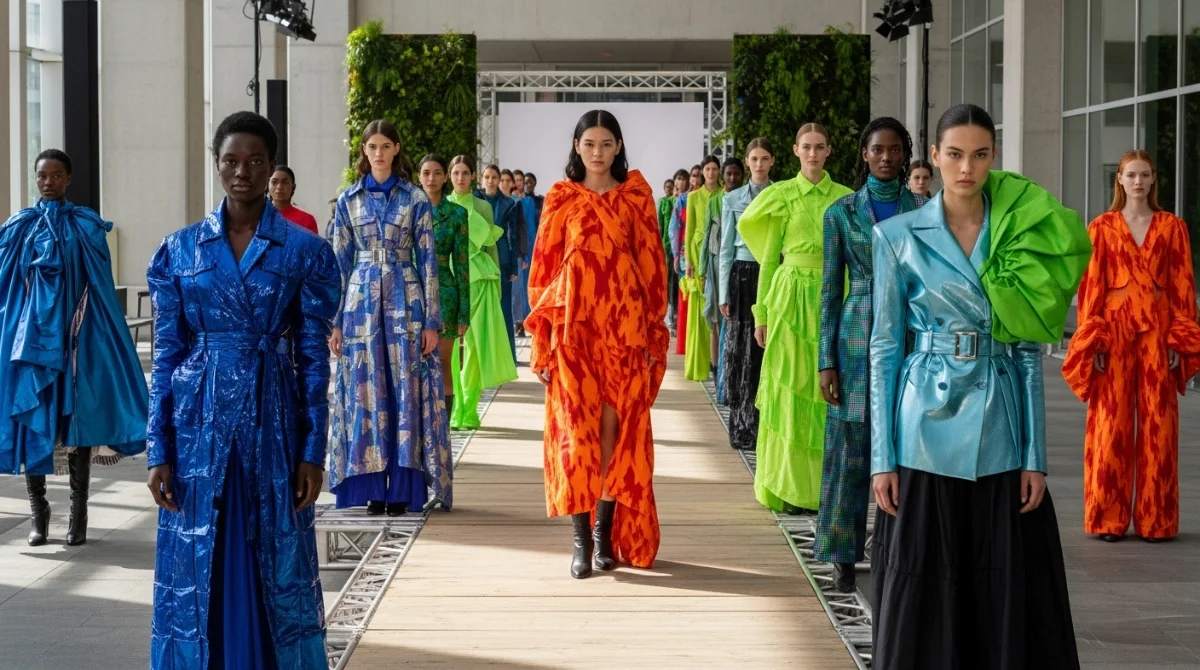 Fashion models walking down runway in colorful outfits.