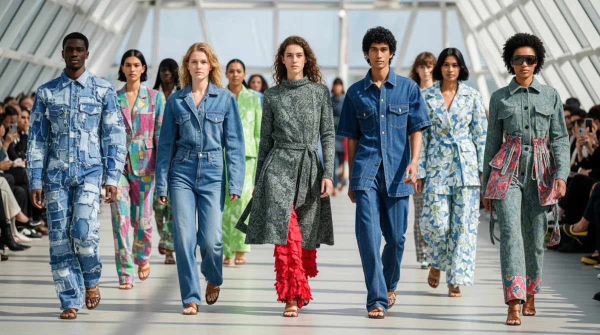Fashion models walking on a runway in colorful outfits.