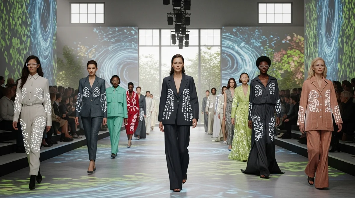 Fashion models walking runway in modern, patterned outfits.