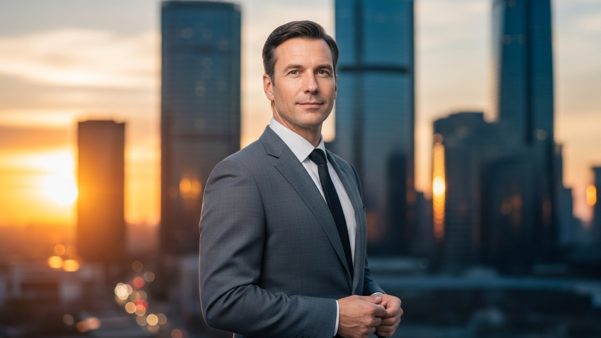 Mariano Iduba career journey in business with city skyline at sunset.