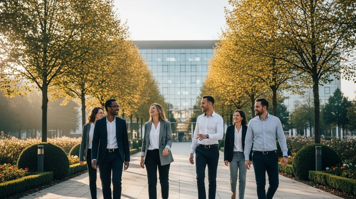 Six diverse business people walk and talk outdoors.