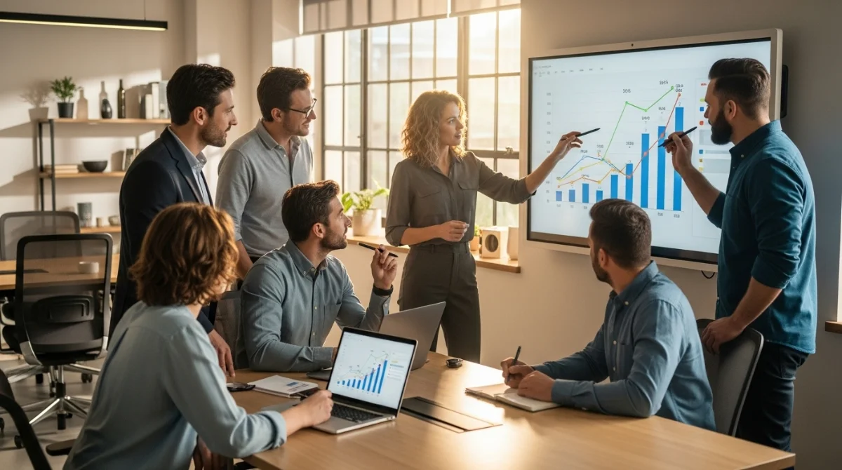 Six professionals analyzing a bar and line graph