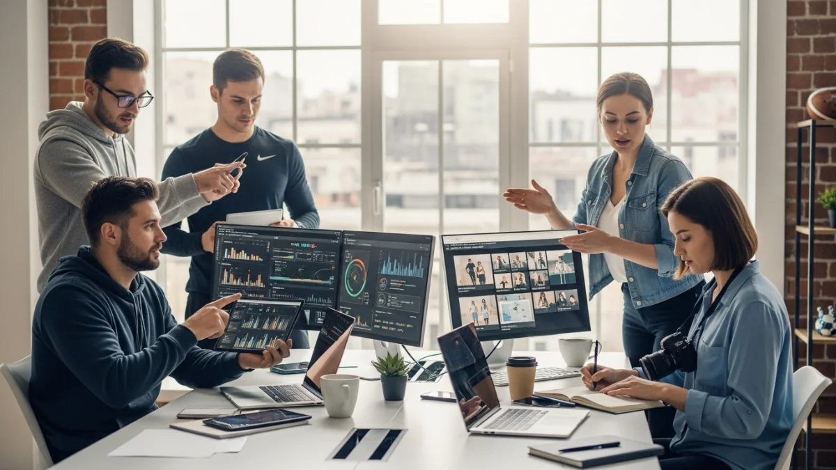 A group of five coworkers in a modern office